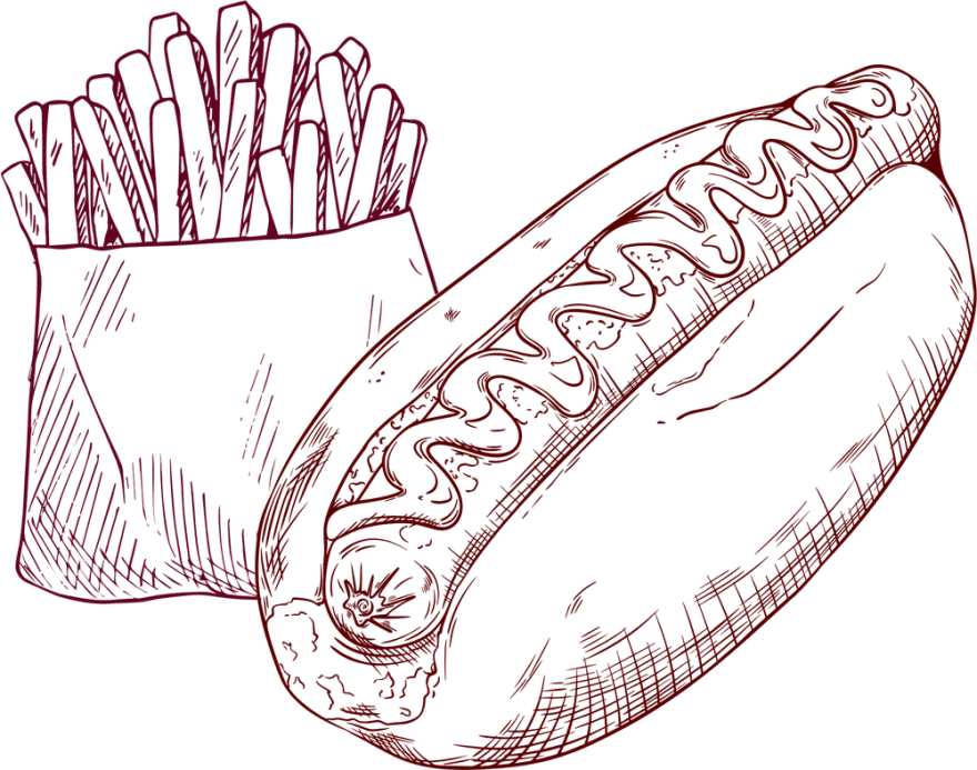 Illustration of a loaded hot dog and a bag of fries